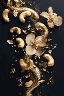 金色腰果与花朵艺术摆盘