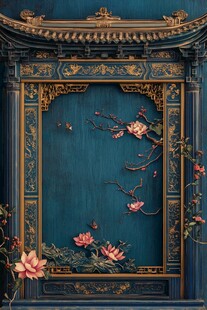 中式古典雕花蓝墙配花卉