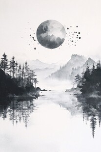 月夜山林湖景水墨画