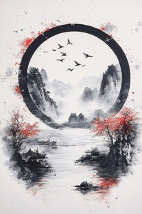 水墨山水间飞鸟映圆景