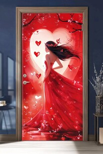 梦幻红衣女子心形浪漫门贴