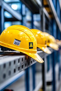 工厂货架上的黄色安全帽