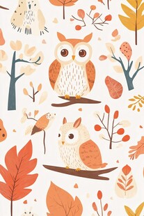 秋日猫头鹰与树叶可爱图案