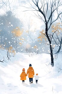 冬日亲子漫步雪景中