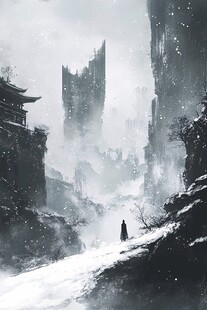 雪中孤影漫步古风山水间