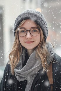 雪中戴帽围脖的微笑女孩