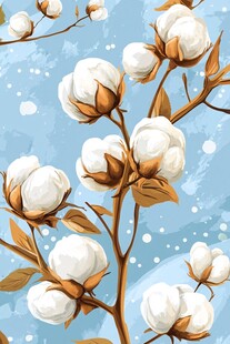 手绘棉花枝 清新蓝底画面