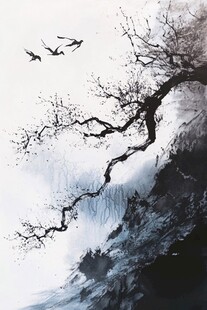 水墨孤枝飞鸟图