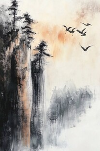 水墨山水间飞鸟越奇峰