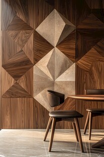 几何木纹墙搭配简约桌椅