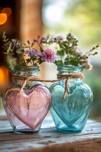 心形花瓶中的烂漫小花