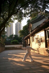 古巷中练太极的白衣身影
