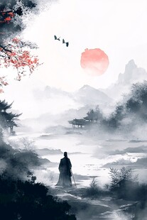 独赏山水间落日之景