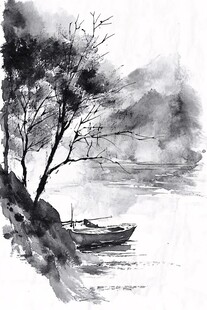 水墨江畔孤舟图
