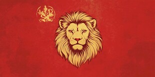 红色背景上的金色狮子头像