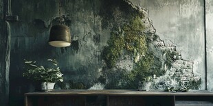 复古墙下绿植与吊灯一角