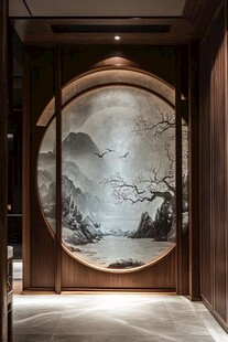 中式玄关处的山水圆形壁画