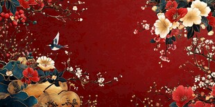 中式红底花鸟喜庆背景图