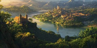 奇幻河谷中的中世纪城堡景观