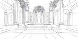 古典建筑室内空间线稿