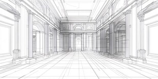 古典建筑室内空间线稿图