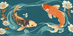 双锦鲤游弋于繁花水波间