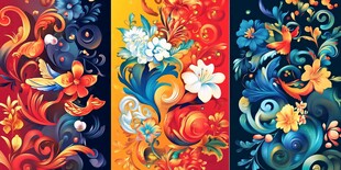 绚丽多彩花卉飞鸟装饰图案