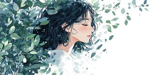 女孩置身绿叶间的静谧时刻
