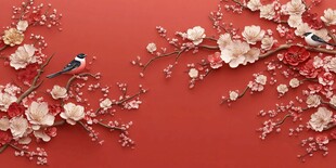 红梅报春 双鸟栖枝