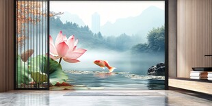 中式荷韵锦鲤山水装饰画