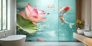 荷花锦鲤浴室背景墙