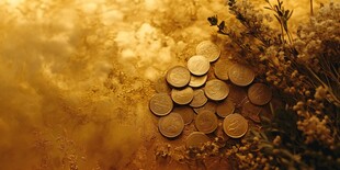 金色背景下的硬币与植物