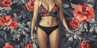 花卉背景下的时尚比基尼模特