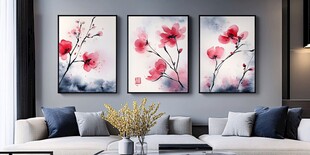 水墨花卉三联装饰画