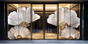 中式折扇装饰的精致玻璃门