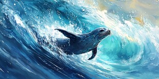 海豹畅游于蓝色海浪间