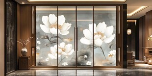 中式牡丹艺术玻璃隔断门