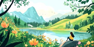 湖畔女子静赏山间美景