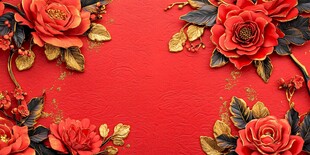 红底繁花 中式浪漫花卉景