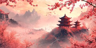 春日山间古亭诗意景致