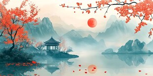 秋日山水亭阁诗意风光