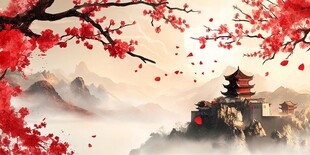 春日红樱映古阁