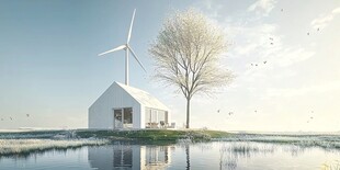 湖畔小屋与风车静谧景致