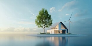 湖畔节能小屋与绿树风车