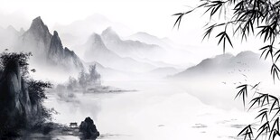 水墨山水间 竹影映湖景