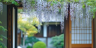 紫藤垂挂下的日式庭院