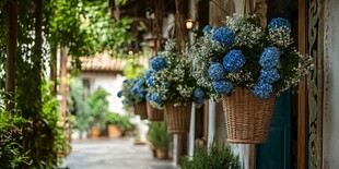 蓝绣球装点的温馨小巷
