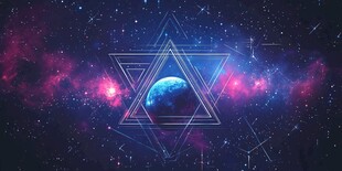 梦幻星空下的地球与几何图形