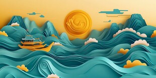 纸艺风山海行舟美景