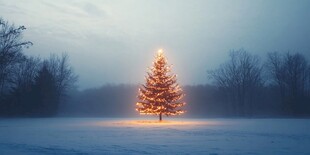 雪野中闪耀的温馨圣诞树